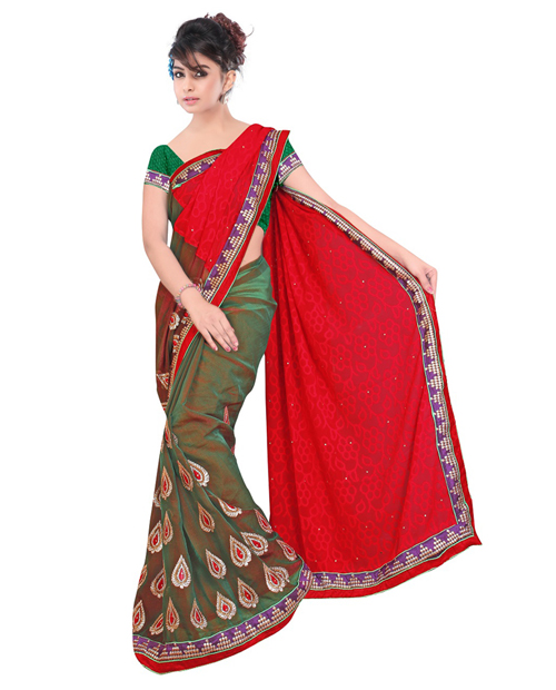 Online Indian Sarees – Half Red And Green Saree